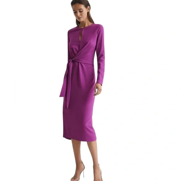 Reiss Valentina Tie Waist Bodycon Midi Dress Sz 4 Magenta